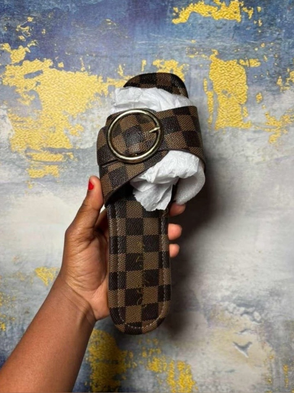 Brown Check Pattern Slide Sandal with Gold Buckle